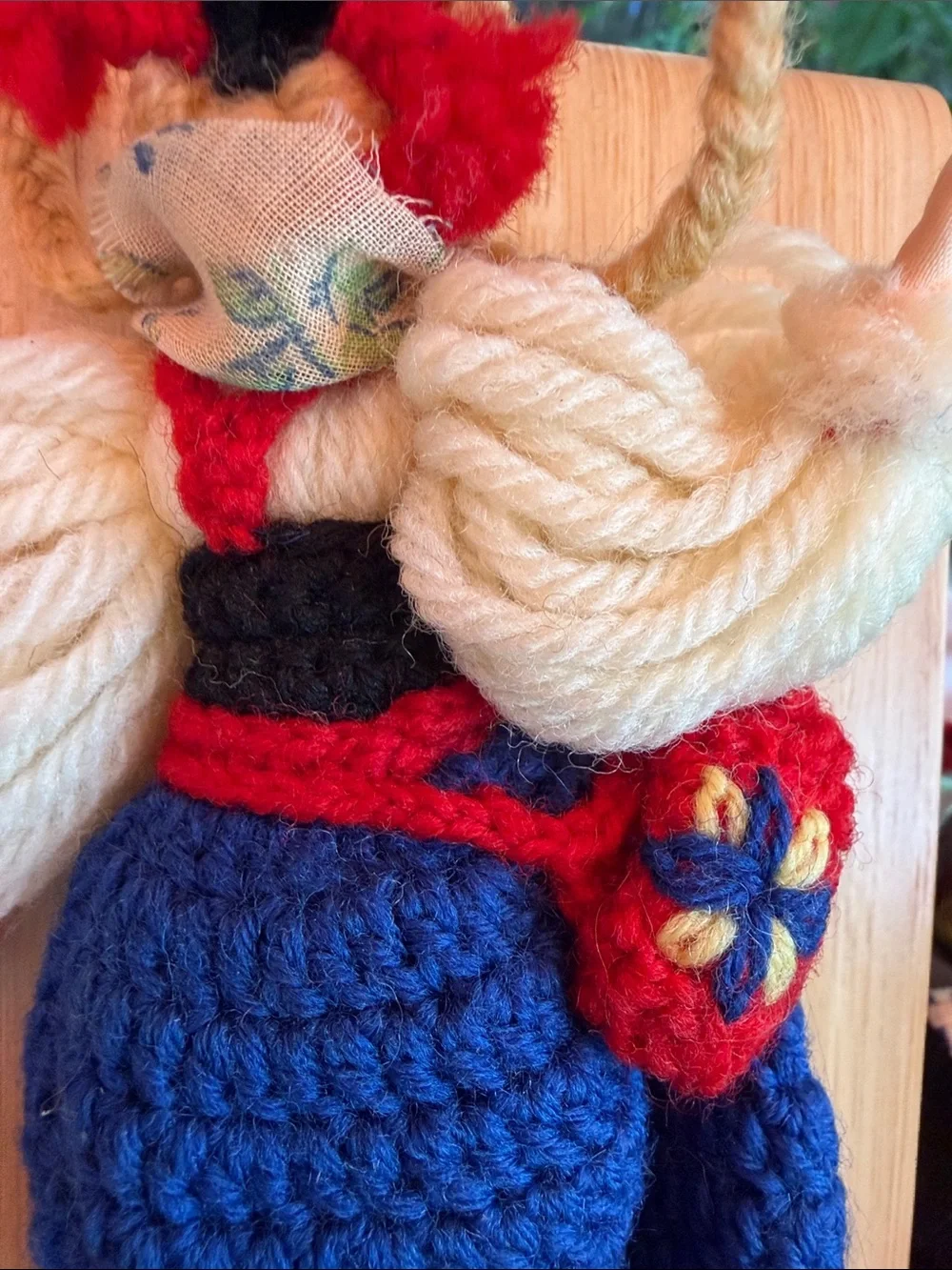 Handmade Blue & Red Yarn Folk Doll Pair with Yellow Accents